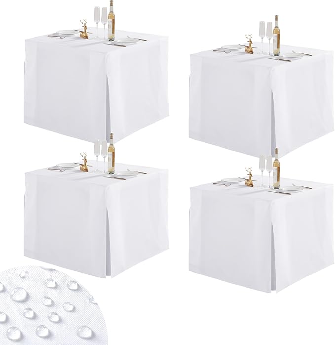 Shillance 4 Pack White Square Tablecloth for 34x34 Inch Card Table Cover Waterproof Oil-Proof Spill-Proof Polyester Square Fitted Tablecloth for Wedding Parties Display Trade Show