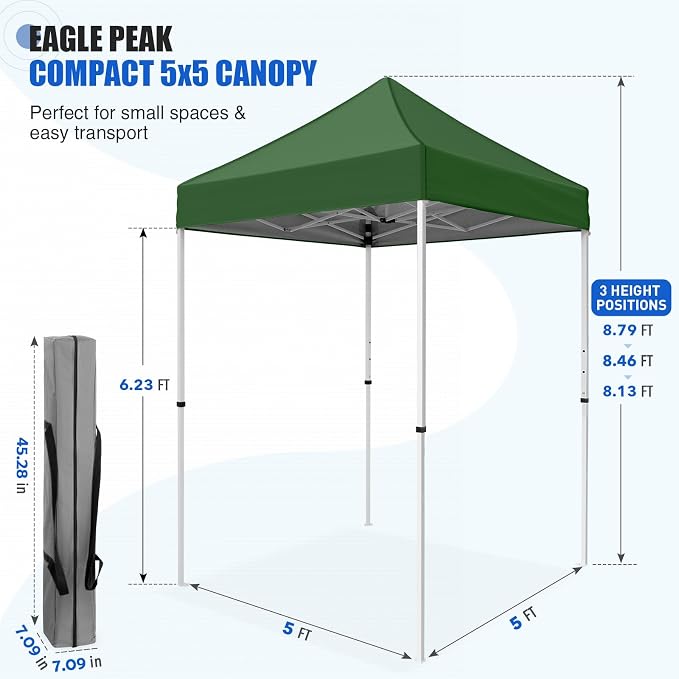 EAGLE PEAK 5x5 Pop Up Canopy Tent Instant Outdoor Canopy Easy Set-up Straight Leg Folding Shelter, Green