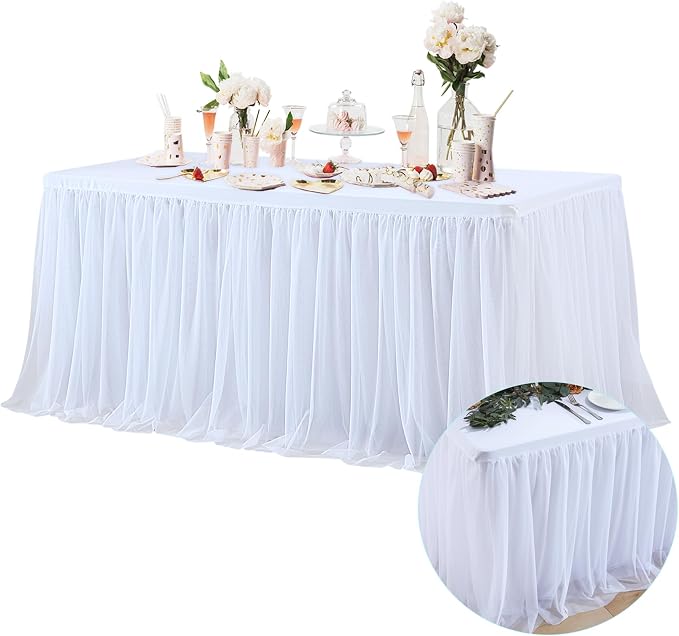 6 Pack White Tulle Tablecloth Table Skirt for 6 Foot Rectangle Tables, Wedding Table Cloths Ruffle Tutu Table Skirt Stretch Fitted Table Covers for Parties Birthdays Baby Shower Celebration Banquet