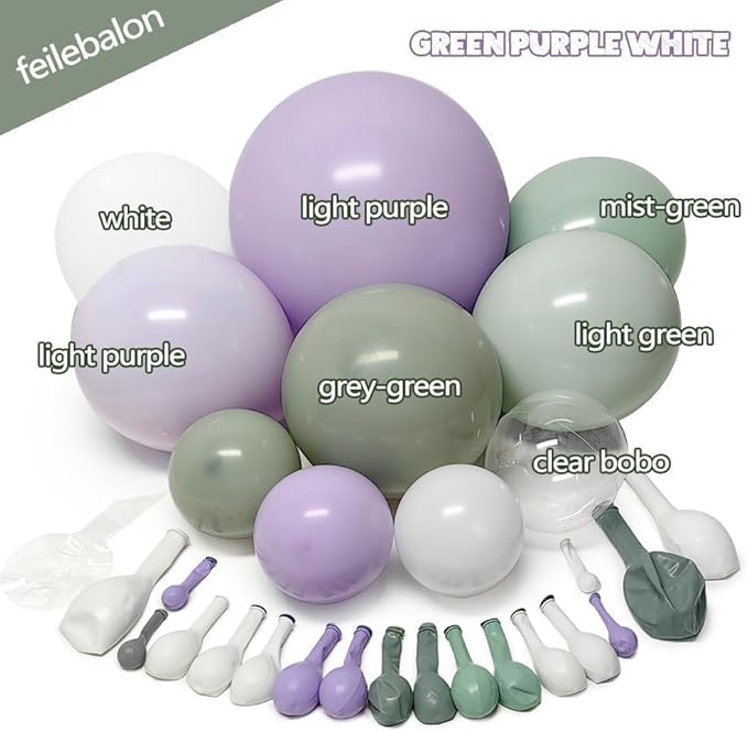 Dusty Green Purple White Balloon Arch Kit Double Stuffed Pastel Purple, Light Sage Green, Lavender Balloon Garland with Clear Bobo for Birthday Baby Shower Wedding Flower Party Decoration