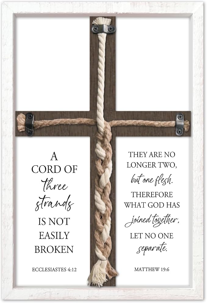 A Cord of Three Strands Wedding Unity Cross Sign Braided Rope Ceremony Art | 15x10 Inch Rustic Farmhouse White Wood Framed, Christian Marriage Prayer Wall Decor for Couples, Anniversaries & Prayer Rooms
