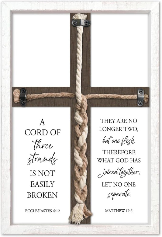 A Cord of Three Strands Wedding Unity Cross Sign Braided Rope Ceremony Art | 15x10 Inch Rustic Farmhouse White Wood Framed, Christian Marriage Prayer Wall Decor for Couples, Anniversaries & Prayer Rooms