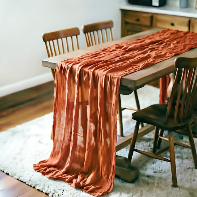LINXTAR Terracotta Cheesecloth Table Runner 4 Pack 120 Inches 10Ft Gauze Summer Boho Table Runner for Wedding Tea Party Baby Shower Bridal Birthday Home Decoration