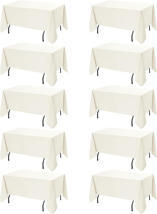 10-Pack Ivory Tablecloths for Rectangle Tables, 60 x 120 Inches, Stain-Resistant Polyester Fabric for 6 Foot Tables - Washable Table Covers for Weddings, Banquets, Birthday Parties, Events