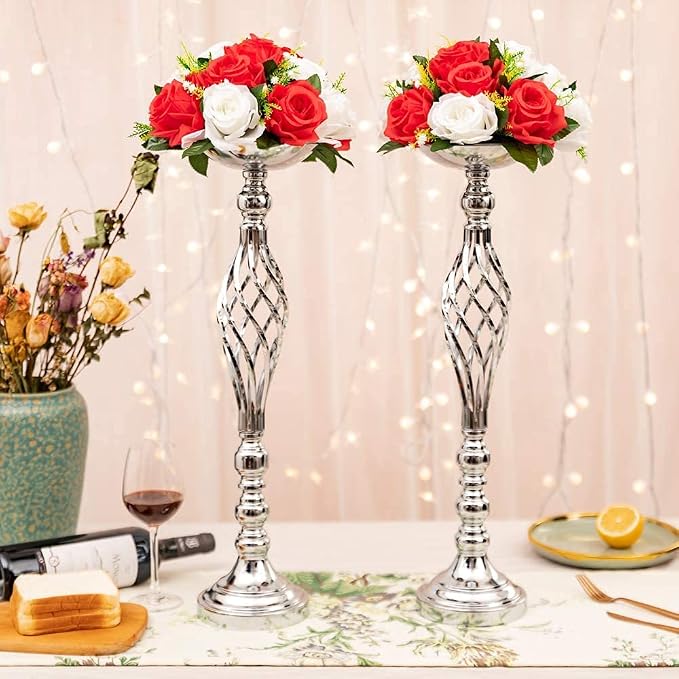 Silver Wedding Vases for Table Centerpieces - Set of 10 Twist Candleholder Stands, Elegant Floral Arrangement Vases, Metal Centerpieces for Reception Table Wedding Road-Leading Home Decor