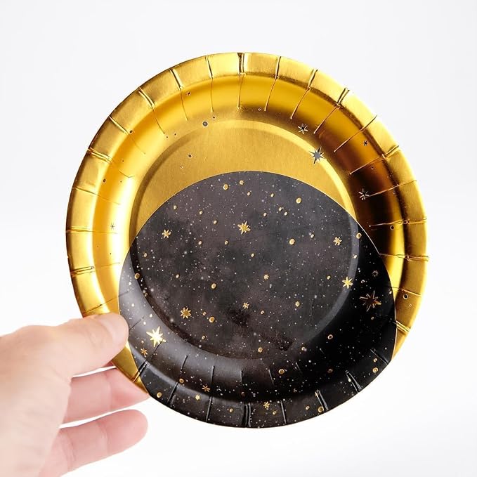 Cheerland Gold Metallic Foil Star and Moon Paper Plates for Galaxy Theme Party Tableware Set Starry Night Outer Space Birthday Sun and Moon Party Decorations Twinkle Twinkle Little Stars (24, Gold)