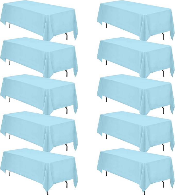 BRILLMAX 10 Pack Light Blue Tablecloths 70 x 120 Inch for 6ft & 8ft Rectangle Tables - 150 GSM Polyester Fabric, Universal Fit, Water, Stain & Wrinkle Resistant Cloth Cover for Wedding Banquet