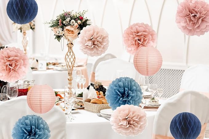 Dusty Pink Blue Hanging Party Decorations with Tissue pom poms and Paper Lantern for Bridal Baby Shower Gender Reveal Birthday Decor Supplies (Dusty blue + Rose gold)