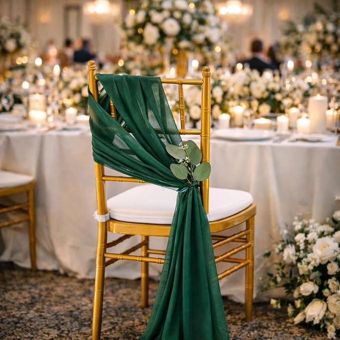 QueenDream Emerald Green Chair Sashes Wedding: 16 Pieces Long Sheer Wedding Aisle Chair Decorations Tulle Chairs Covers with Artificial Eucalyptus