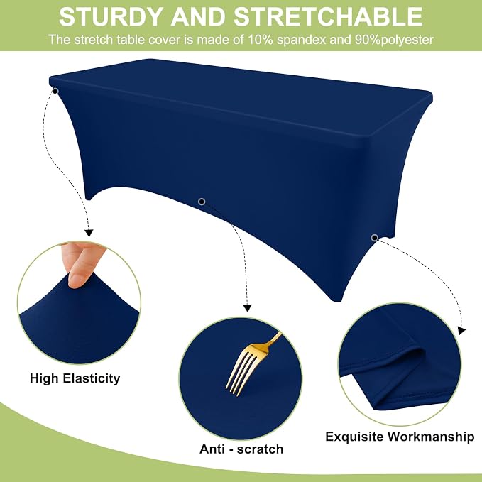 Moosfor Spandex Elastic Fitted 4FT Rectangle Tablecloth 6 Pack, Stretch Washable Reusable Table Cover for Outdoor Picnic, Dining, Wedding, Banquet & Party Events (Navy, 48Lx30Wx30H Inch)