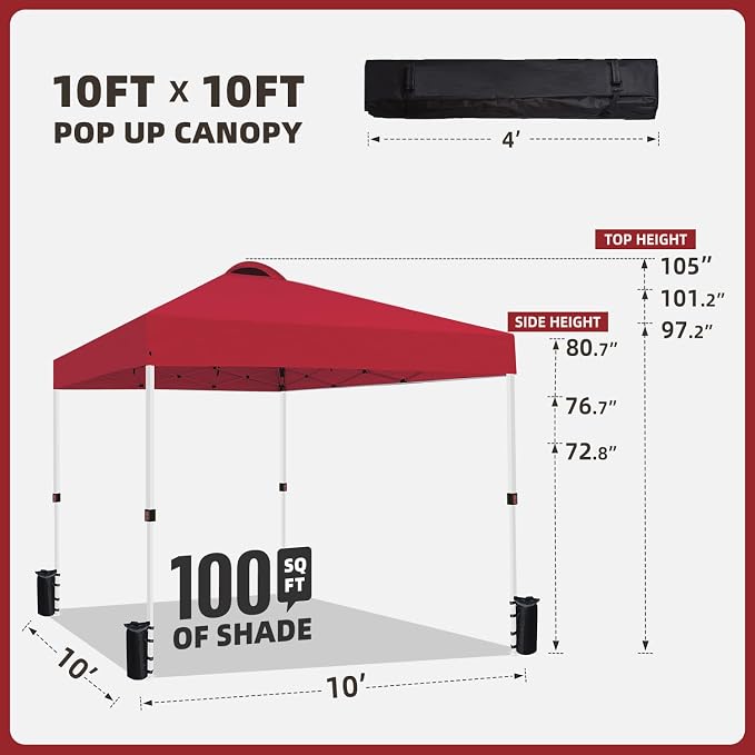 10x10 Pop Up Canopy Tent, Instant Folding Outdoor Shelter with High Strength Steel Frame and Handheld Carry Bag, Ground Stakes and Wind Ropes for Backyard Party, Camping, Beach Events, Red