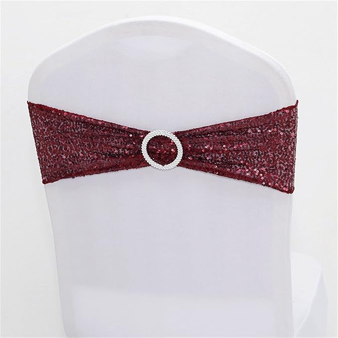 Dimatic 25 PCS Stretch Sequin Chair Sashes Chair Stretchy Spandex Bands for Wedding Reception Events Banquets Chairs Decoration (Burgundy)