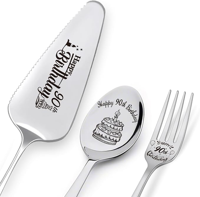 Happy 90th Birthday Personalized Laser-Engraved Stainless Steel Birthday Party Utensil Set - Cake Server, Spoon, and Fork for Mother Father Husband Wife Grandmother Grandfather