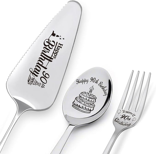 Happy 90th Birthday Personalized Laser-Engraved Stainless Steel Birthday Party Utensil Set - Cake Server, Spoon, and Fork for Mother Father Husband Wife Grandmother Grandfather