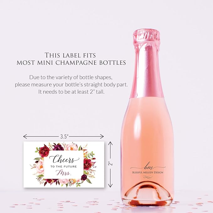 Cheers to the Future Mrs. - 12 Mini Champagne Bottle Labels, Waterproof Mini Wine Bottle Labels for Bridal Shower Bachelorette Party (Burgundy Floral, 12 Mini Bottle Labels)