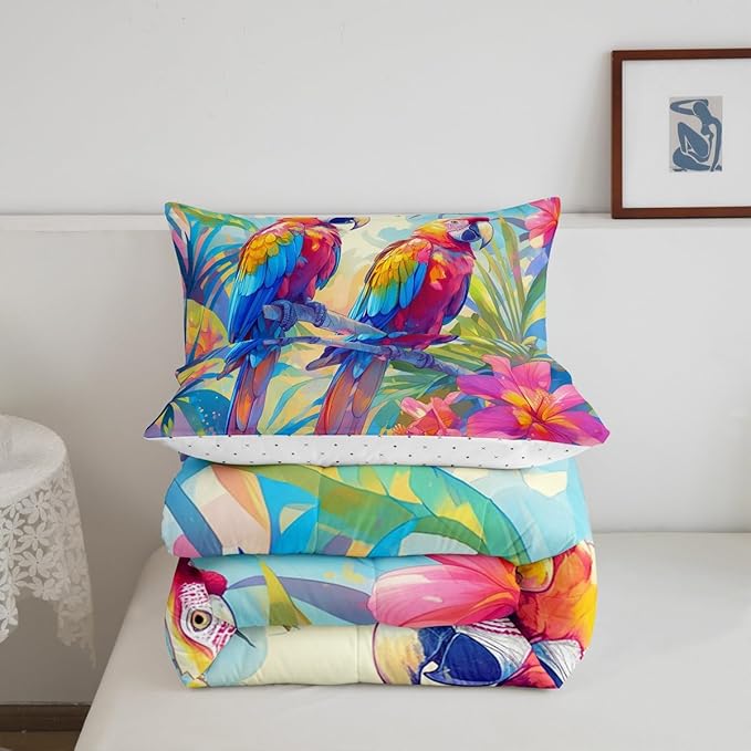 jejeloiu Parrot Comforter Set Toddler Kids Blossom Flowers Floral Pattern Bedding Set for Boys Girls Woodland Bird Animals Palm Leaf Nature Theme Duvet Quilt Room Decor