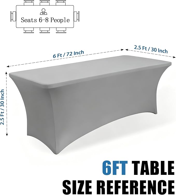 6FT Light Grey Table Cloth - 2 Pack Fitted Stretch Rectangle Spandex Tablecloth, Washable Table Cover for Party, Picnic, Wedding, Banquet, Birthday and Festival(30" x 72")
