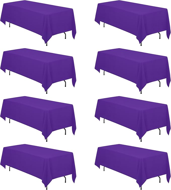 BRILLMAX 8 Pack Purple Tablecloths 70 x 120 Inch for 6ft & 8ft Rectangle Tables - 150 GSM Polyester Fabric, Universal Fit, Water, Stain & Wrinkle Resistant Cloth Cover for Wedding Reception Banquet