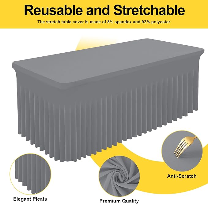 Smiry Spandex Tablecloth, Elastic Fitted Stretch Tablecloth for 5FT Rectangle Tables, Waterproof Washable Table Cover Skirt for Outdoor, Wedding, Banquet & Parties (Grey, 60Lx30Wx30H Inch)
