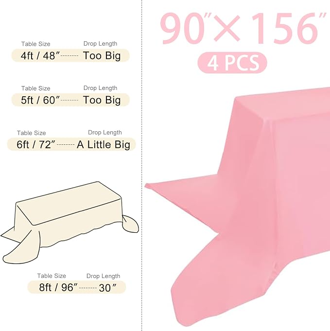 4 Pack Rectangle Tablecloth 90x156 Inch Washable Polyester Table Cover for Wedding Dining Table Buffet Parties Banquet Decoration（Pink）