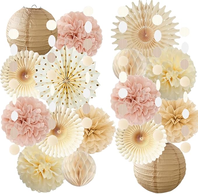 Dusty Pink Boho Party Decorations Pink and Beige Birthday Baby Shower Decorations Paper Fans Paper Pom Poms Lanterns for Women Girl Rustic Bachelorette Wedding Decor