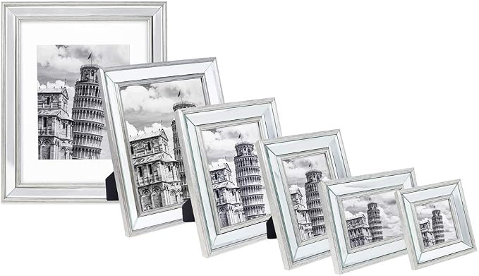 Isaac Jacobs 4x4 Silver Beveled Mirror Picture Frame - Classic Mirrored Frame with Slight Slanted Angle Made for Wall Décor Display, Tabletop, Photo Gallery and Wall Art (4x4, Silver)