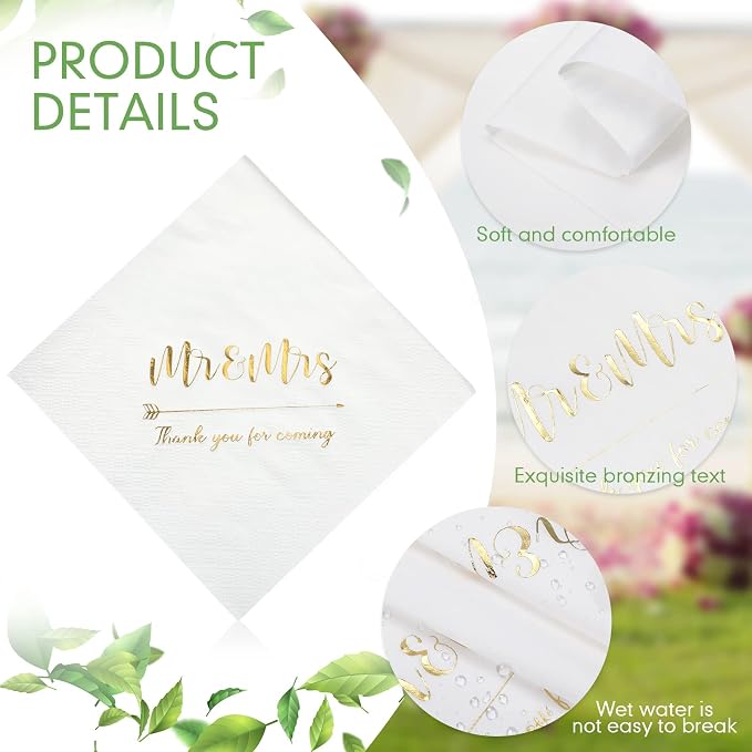Teling 400 Pcs Wedding Napkins for Reception, 3 Ply Mr Mrs Wedding Cocktail Napkins for Engagement Bridal Shower Party Supplies Beverage Dessert Table Decorations(White)