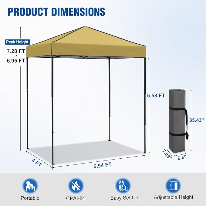 6x4 Pop Up Canopy Tent, Instant Portable Beach Canopy, Outdoor Tent with Carry Bag for Camping, Sports, Tailgating, Events, Beige