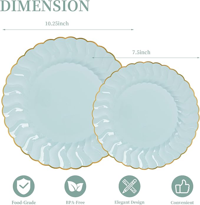 Lullaby 60PCS Sage Green Scalloped Plastic Plates with Gold Rim, Includes 30PCS Dinner Plate 10.25'' and 30 PCS Dessert Plate 7.5'', Green Disposable Plates for Party, Birthdays, Wedding and Daily Use