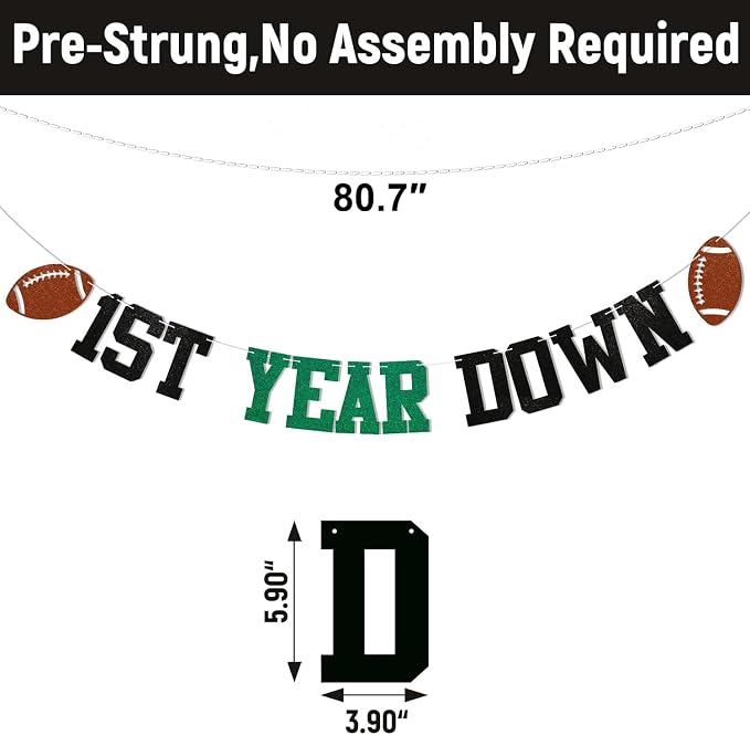 First Year Down Birthday Party Decorations-Felt First Year Down Highchair Banner, Football Themed 1st Birthday High Chair Banner, Cake Topper, Party Hat for Football 1st Birthday Party Supplies