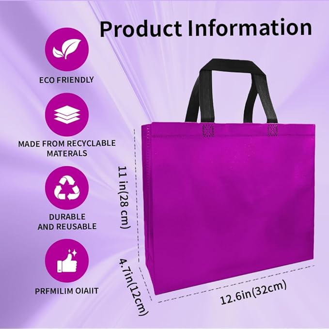 huichuan 12 Pack Purple Gift Bags with Handles, Reusable Tote Bag for Women Kids, Eco-Friendly Non-Woven Party Favor Goodie Bags Bulk for Valentine's Day, Birthday, Wedding, Baby Shower Treats
