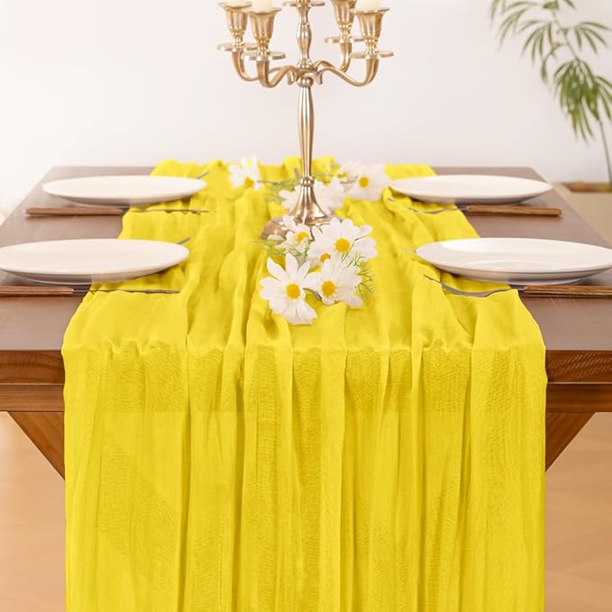 Socomi Yellow Cheesecloth Table Runner Easter SpringBoho Rustic Gauze 120 inch 10FT Cheese Cloth Runner for Wedding Party Baby Shower Birthday Home Decor