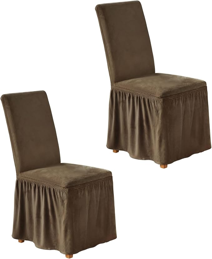 NICEEC Spandex Chair Covers for Dining Chairs Covers Set of 2 Removable Dining Room Chair Covers with Skirt Parson Chair Slipcovers Washable Chair Protector for Kitchen Wedding Party Banquet(Brown)