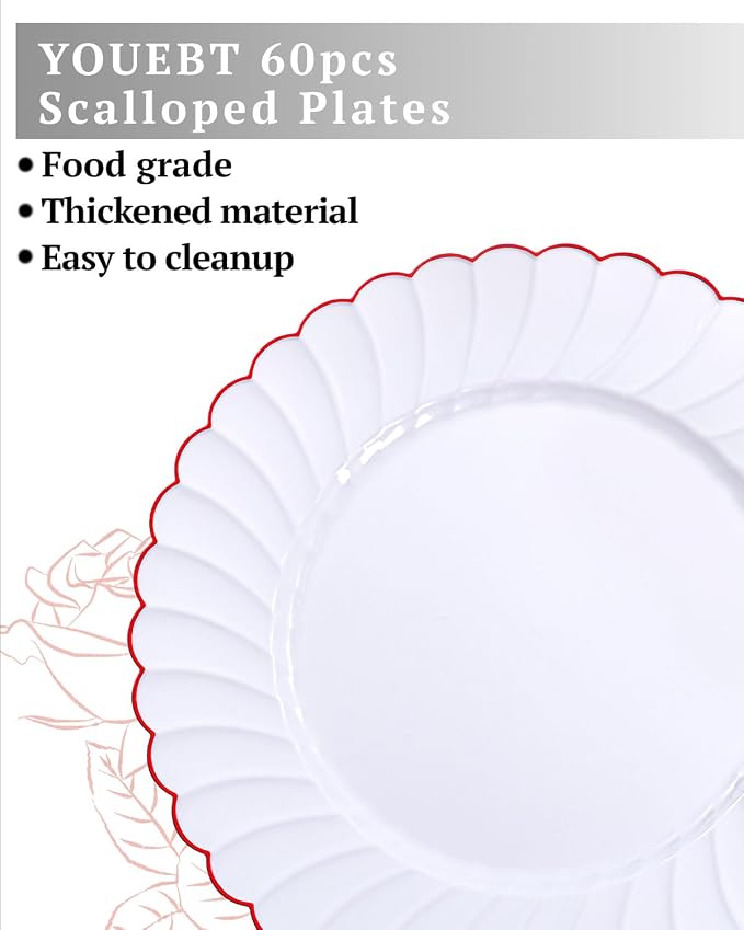 YOUBET 60PCS Red Scalloped Plastic Plates - Heavy Duty White and Red Rim Disposable Plates include 30 Hard Dinner Plate, 30 Dessert Plate for Party & Wedding