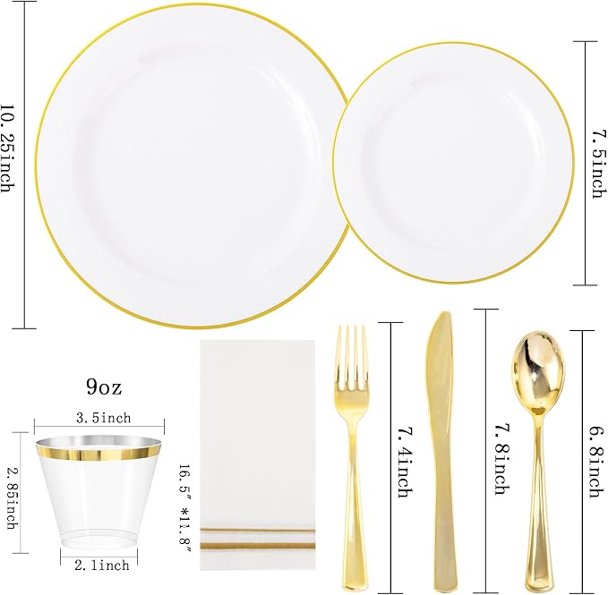 SUT 350 PCS Elegant White and Gold Disposable Dinnerware Set - Premium Dinner & Salad Plates, Cups, Napkins & Cutlery for 50 Guests - All-Inclusive Party Plastic Plates