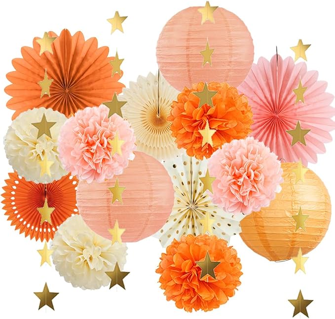 Beige Orange Peach Fall Party Decorations Boho Orange Peach Birthday Decorations Paper Fans Lanterns Peach and Cream Party Decorations for Autumn Baby Shower Bridal Shower Wedding Engagement Party
