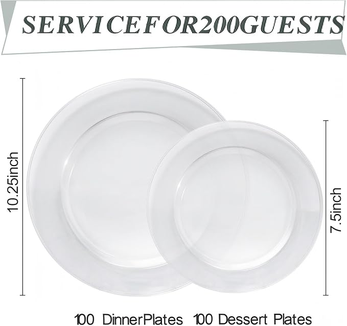 Bestluck 200PCS Clear Plastic Plates, Clear Disposable Plates for 100 Guests, 100 Dinner Plates 10.25 inch & 50 Dessert Plates 7.5 inch for Party, Graduation, Wedding