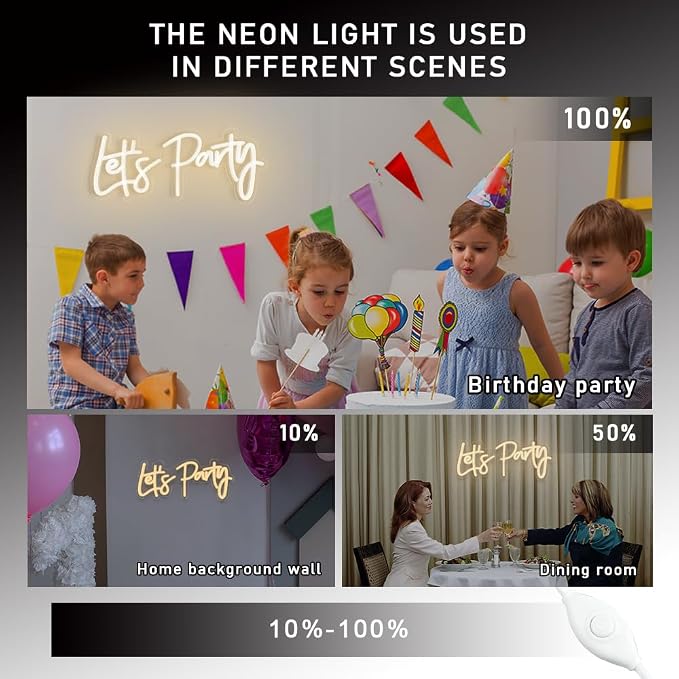 Lets Party Neon Sign with Dimmable for All Partys,17x7.5inch, Neon Lights for Wall Decor, Birthday, Wedding, Bachelorette Party, Valentine's Day Gifts Let's Party Neon Lights with 5V USB Cable, Warm White Cheers Sign