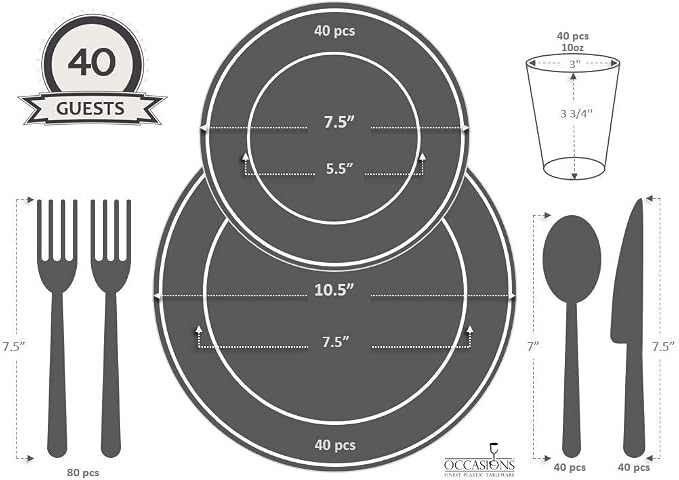 " OCCASIONS " 320pcs set (40 Guests)-Heavyweight Wedding Party Disposable Plastic Plate Set -40 x 10.5'' + 40 x 7.5'' + Silverware + Cups +linen like paper Napkins (Plain Ivory)
