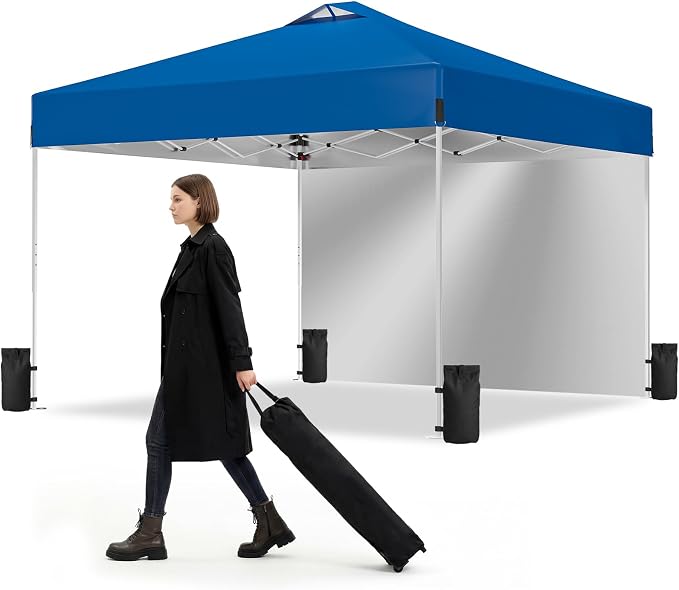 10X10FT Blue Pop Up Canopy Tent with 1 Sidewalls & Roller Carrybag for Sun Shade and Waterproof, Outdoor Adjustable Height Instant Shelter Gazebo with Sandbags for Camping, Patio, Backyard, Events