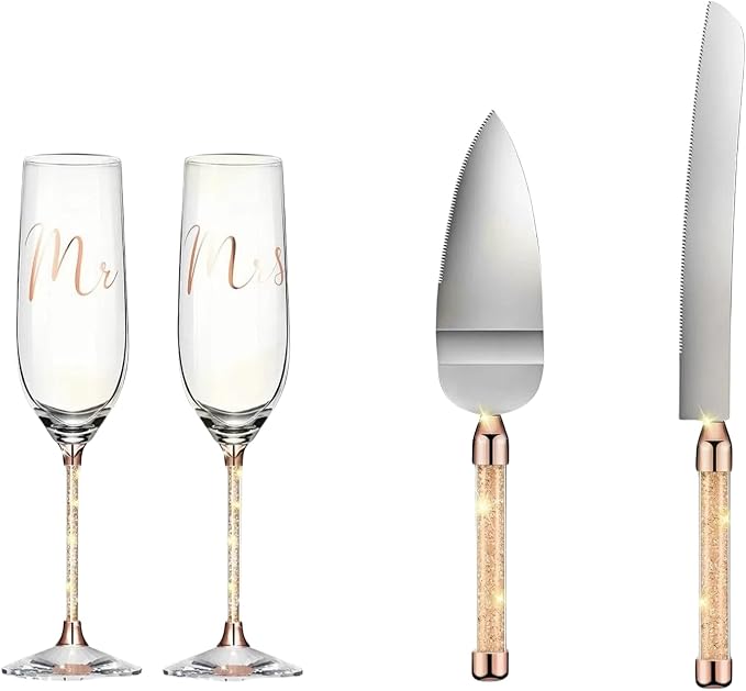Wedding Cake Knife and Server Set, Mr and Mrs Champagne Flutes, Bride and Groom Champagne Glasses and Wedding Cake Cutting Set for Valentines, Wedding, Engagement, Bridal Shower Gifts (Gold)