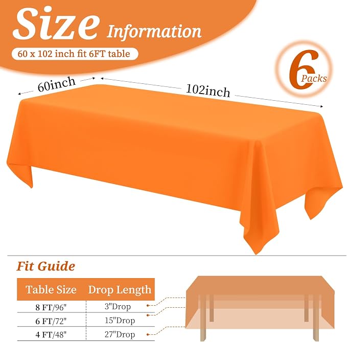 6 Pack Tablecloth 60 x102 inch Polyester Table Cloth for 6 Foot Rectangle Tables,Stain and Wrinkle Resistant Washable Fabric Table Covers Polyester Orange Table Clothes for Wedding,Party,Banquet