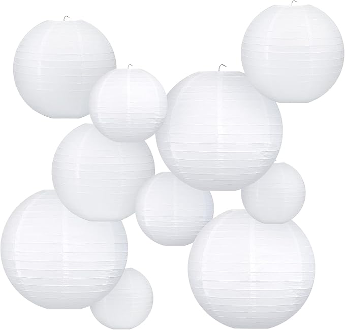 White Hanging Paper Lanterns, Round Chinese Paper Lanterns, Party Wedding Anniversary Decorations, 4 Size - 10 Pieces