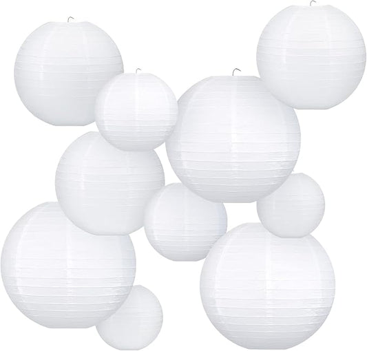 White Hanging Paper Lanterns, Round Chinese Paper Lanterns, Party Wedding Anniversary Decorations, 4 Size - 10 Pieces