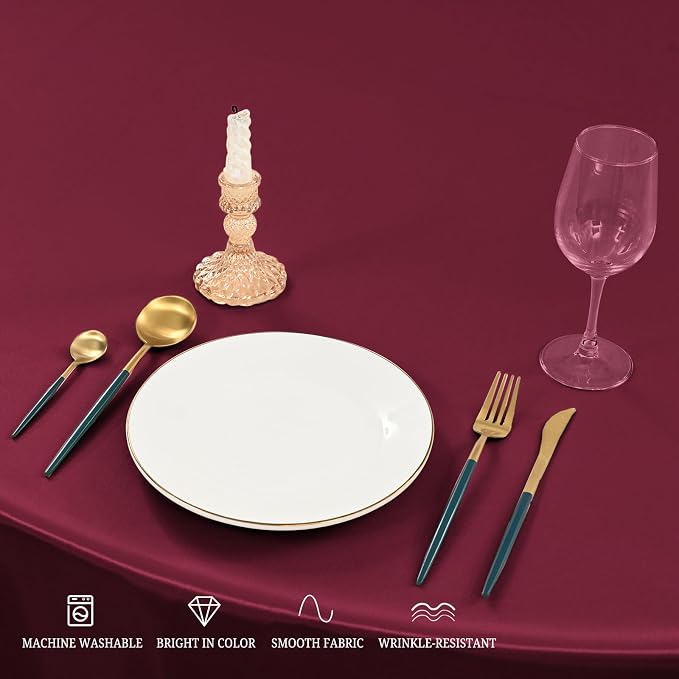 12 Pack 120 Inch Round Tablecloth, Burgundy Satin Fabric Table Cloth for Round Tables, Wrinkle Resistant Washable TableCover Bright Silk Table Clothes for Wedding Party Dining Tables Banquet