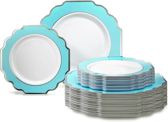 OCCASIONS 80 Plates (40 Guests) Heavy Duty Disposable Aqua & Silver Plastic Plates for Wedding Party, Elegant Dinner & Dessert Set, 40x10.5" + 40x8" - Imperial Aqua & Silver