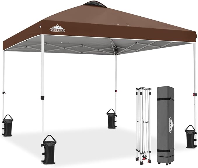 EAGLE PEAK Pop Up Canopy Tent with Wheeled Carry Bag, 8 Stakes, 4 Ropes, 4 Weight Bags, Easy Set Up Tent Canopy, 10x10 ft, 100sqft of Shade, Dark Brown