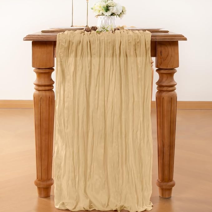 LINXTAR Beige Cheesecloth Table Runner 120 Inches 10Ft Gauze Summer Boho Table Runner for Wedding Tea Party Baby Shower Bridal Birthday Home Decoration