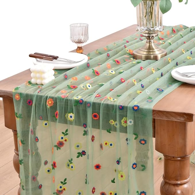 Joanlody Sage Green Summer Flower Table Runner 10ft Embroidery Daisy Floral Seasonal Tulle Table Runner for Home Garden Tea Party Holiday Birthday Decoration