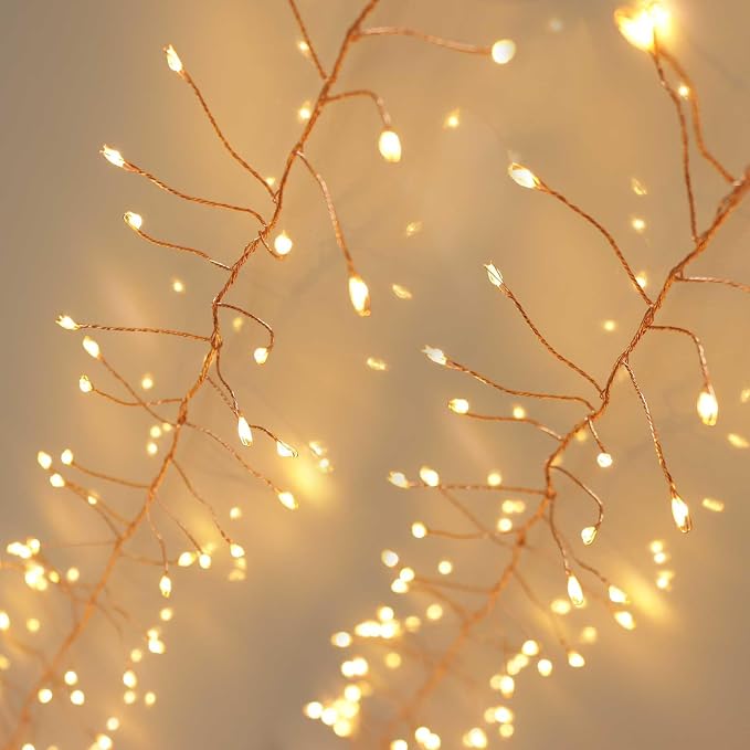 QBIS 240 LED Christmas Cluster Lights, 10ft Warm White Fairy Lights on Copper Wire, Plug in, Christmas Tree Lighting, Firecracker Light String Indoor Outdoor use, Window, Fireplace, Stair Decoration